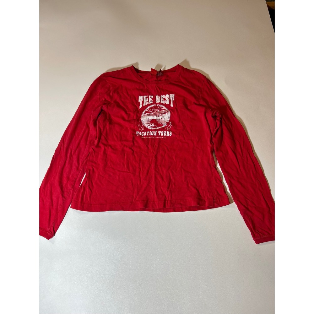 Mossimo Graphic Tee Womens Large Red Excellent Vacation Tours Long Sleeve